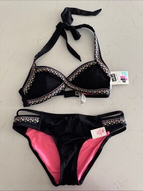 PINK Victoria's Secret Black Bikini Set with Pink Lining and Multicolor Trim